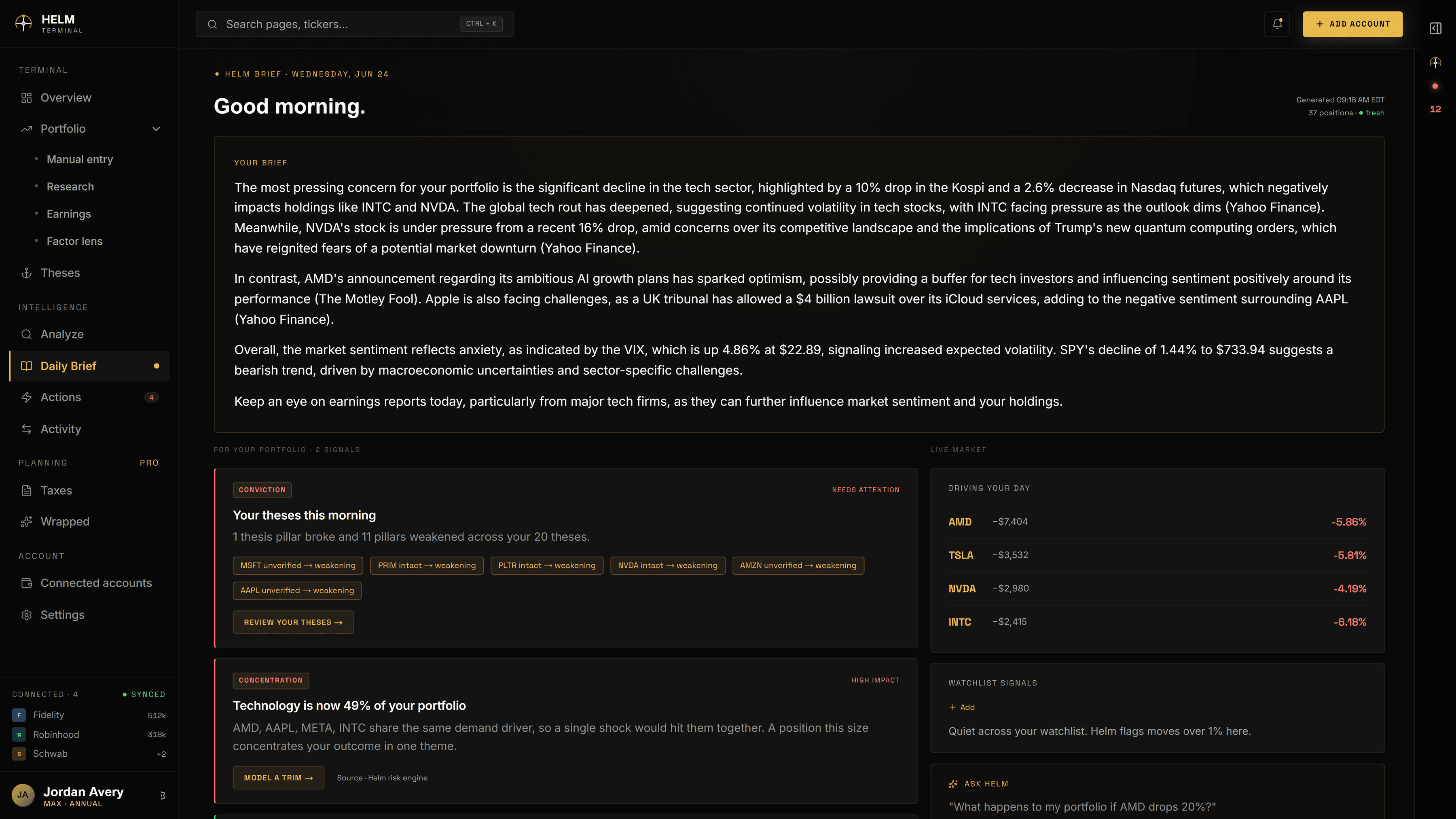 AI-generated morning brief analyzing overnight portfolio changes with market context