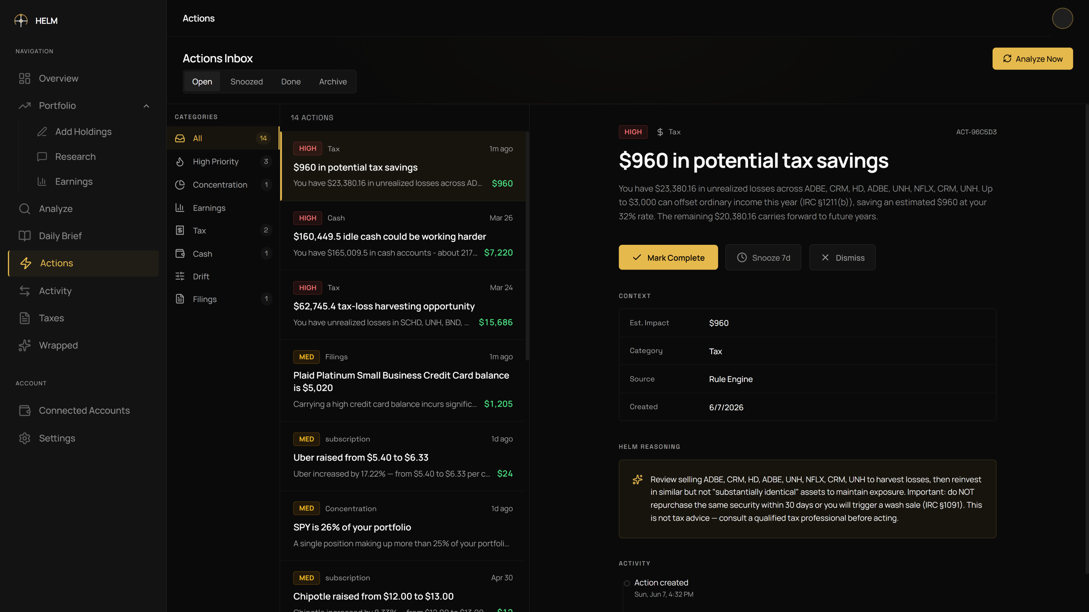 Prioritized actions inbox showing tax savings opportunities ranked by dollar impact