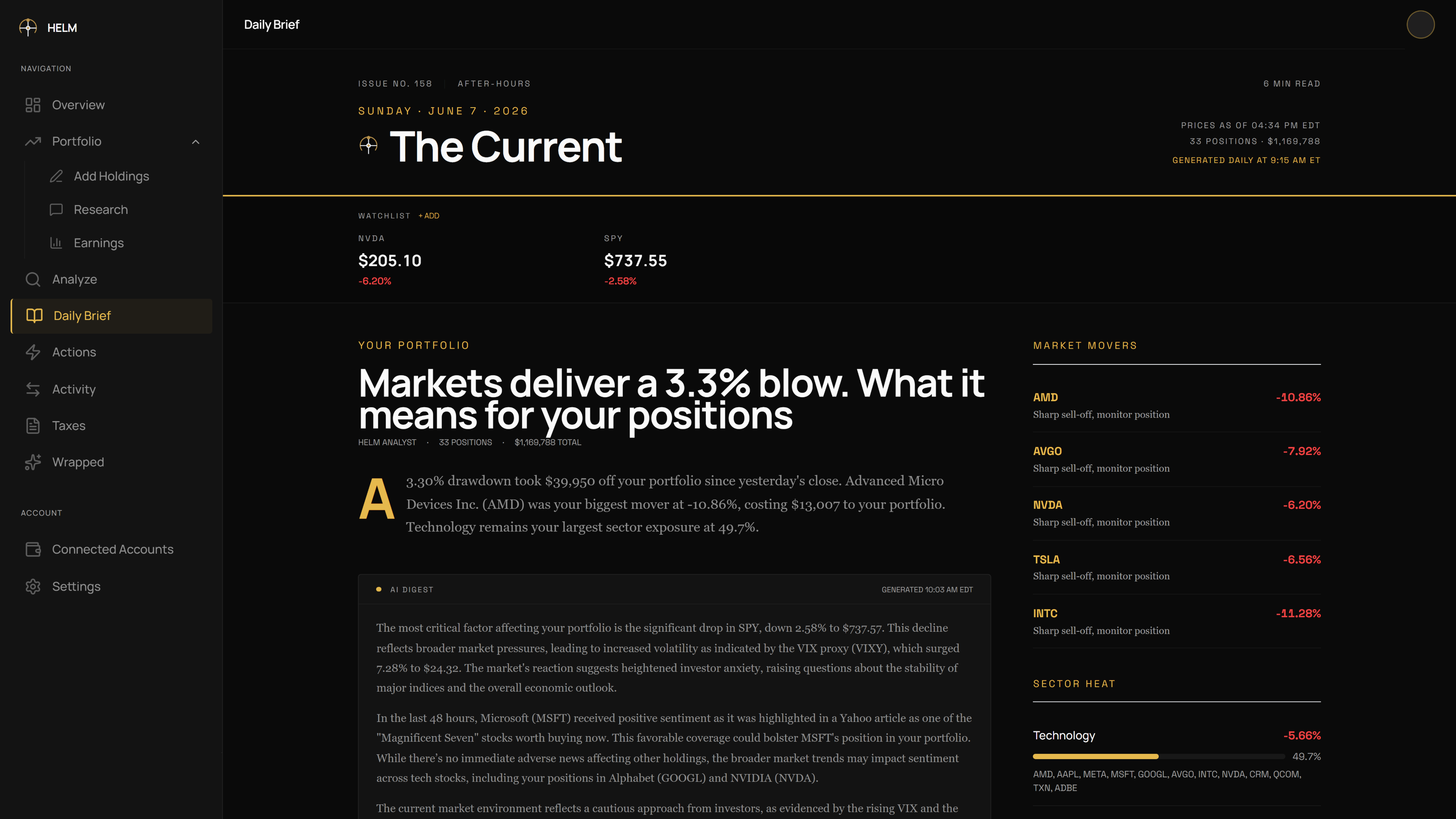 AI-generated morning brief analyzing overnight portfolio changes with market context