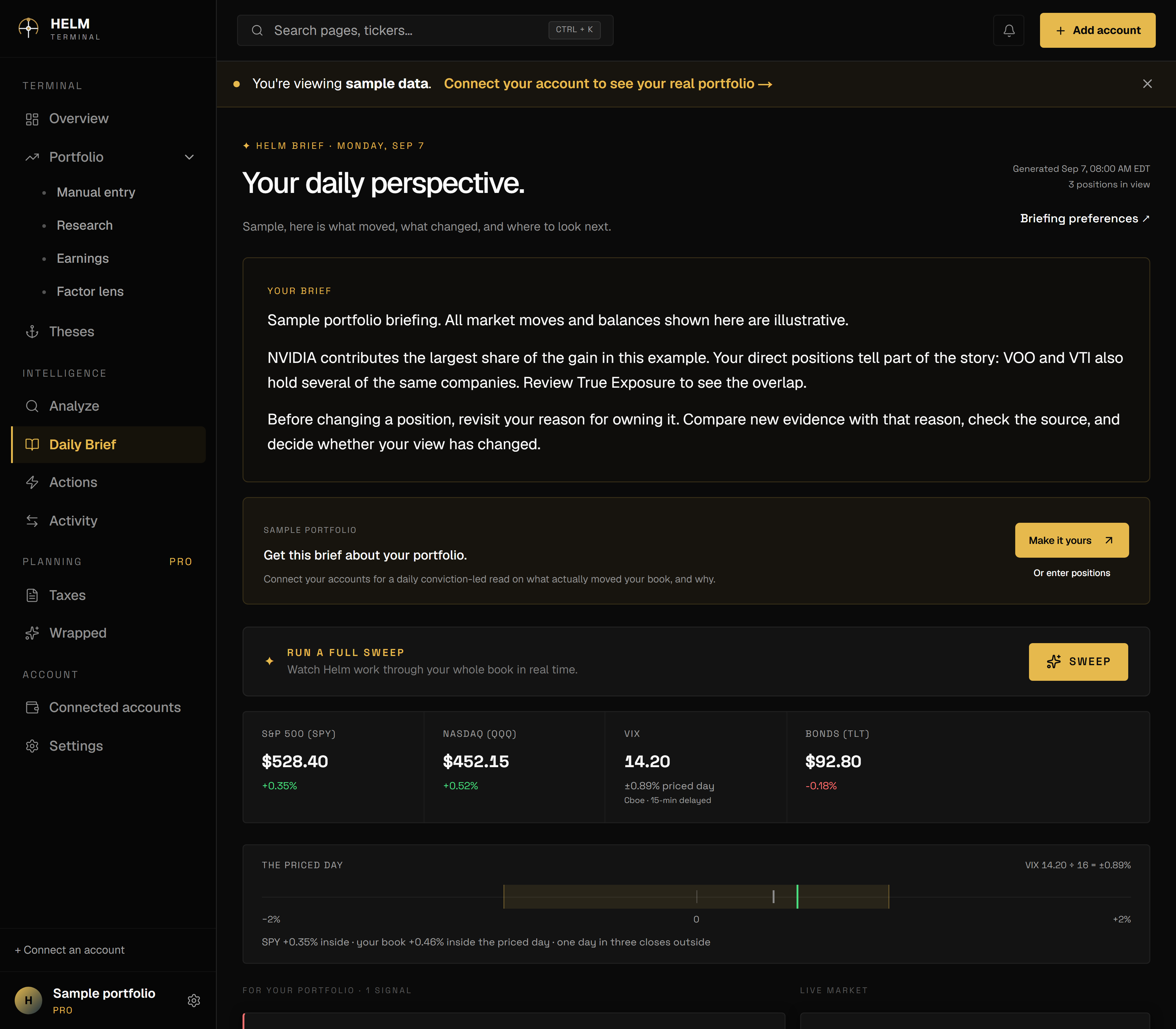 Helm Daily Brief screen with illustrative portfolio commentary