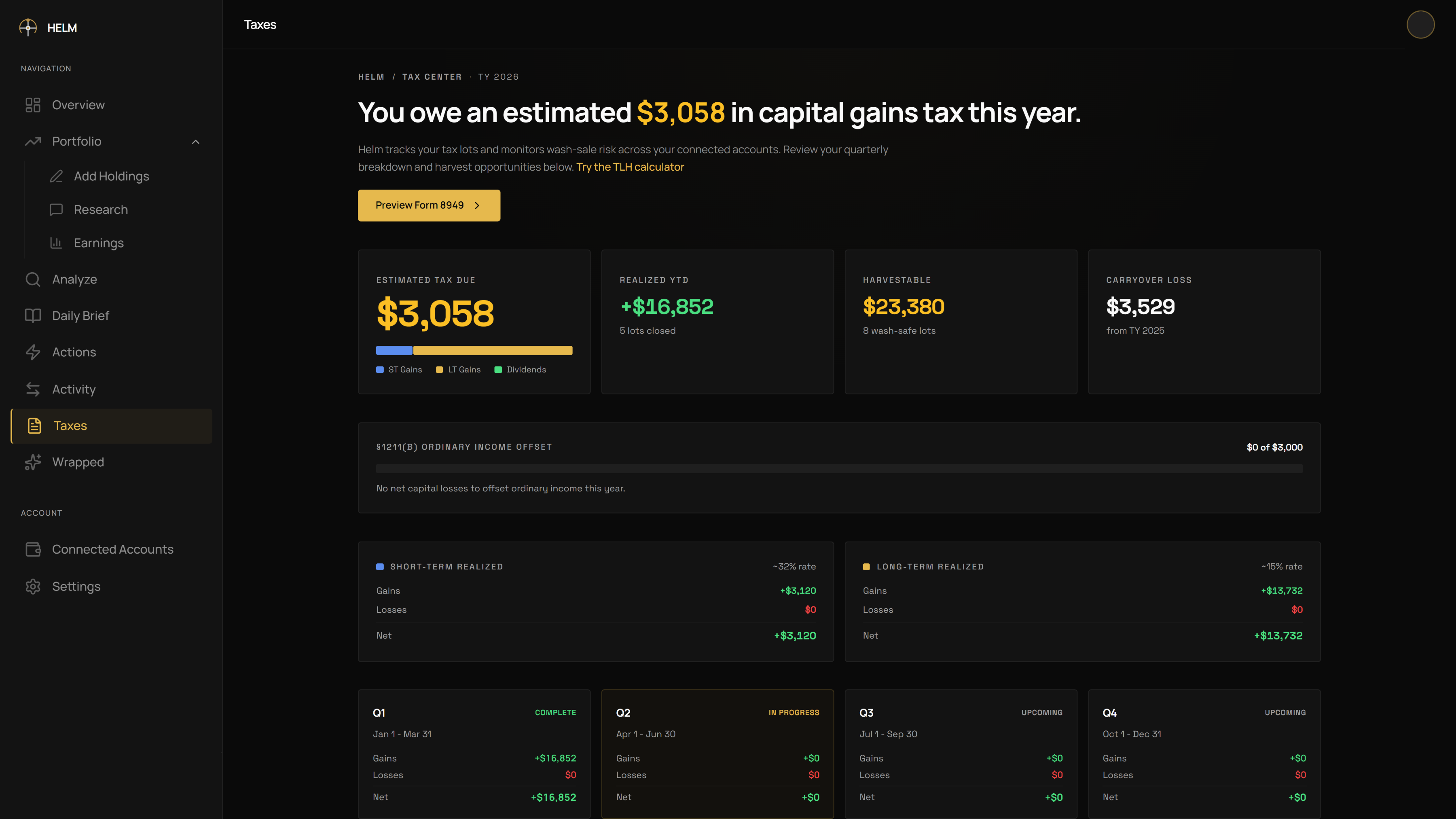 Tax intelligence dashboard showing $23,380 in harvestable losses with quarterly breakdown